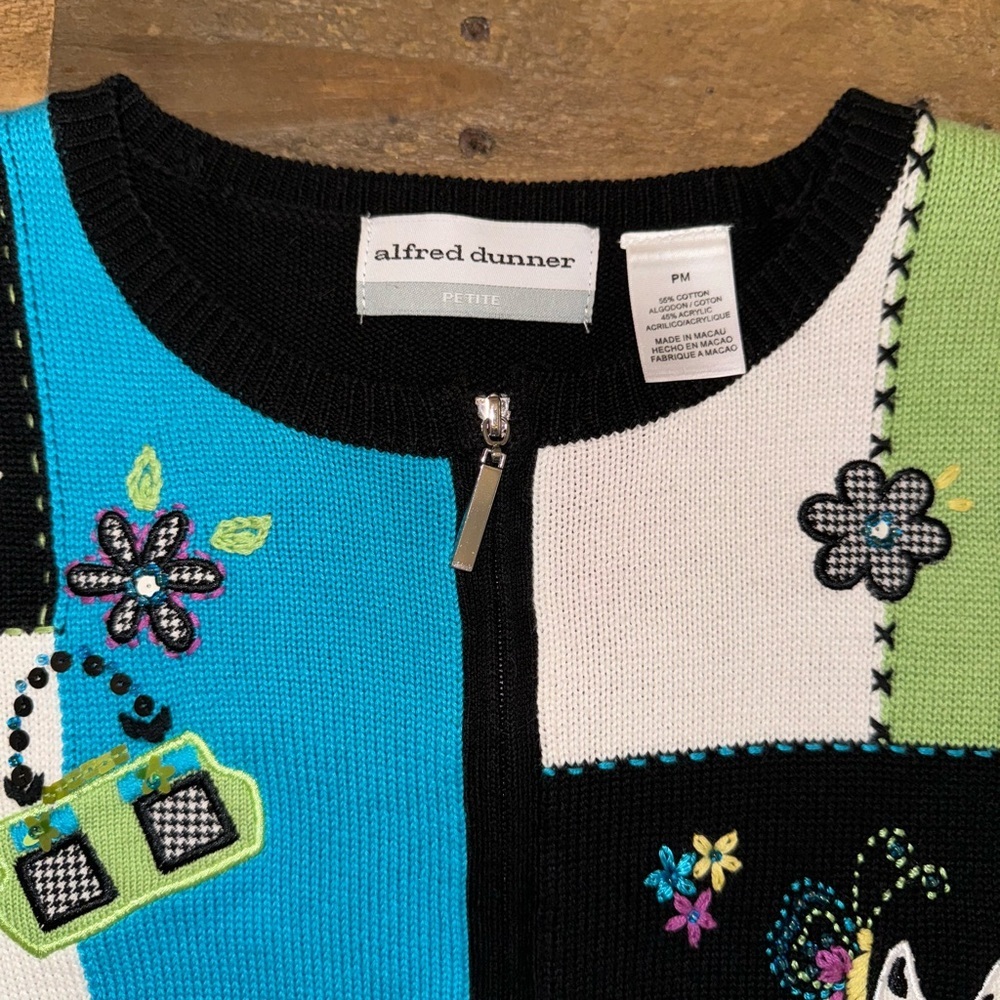Alfred Dunner Black, Teal & Lime Patchwork Embroidered Zip Cardigan - Picture 2 of 2